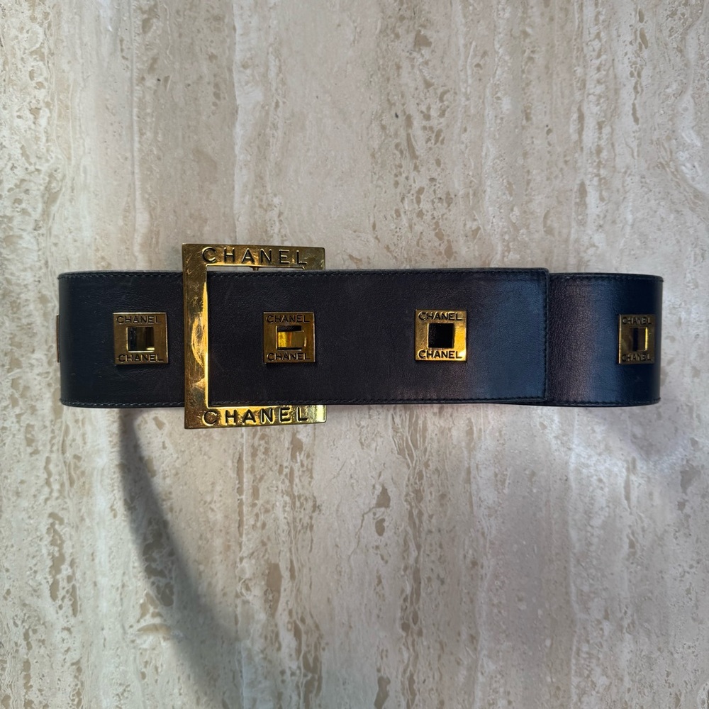 Chanel Black Leather Belt with Gold Accents